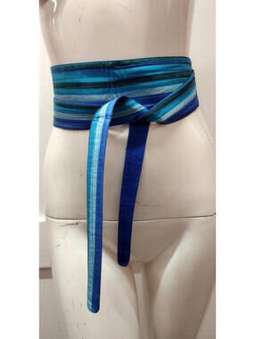 Vintage Zodiac 1970s Silk Sash Belt Blue Green Stripes Bohemian OBI WRAP KIMONO
